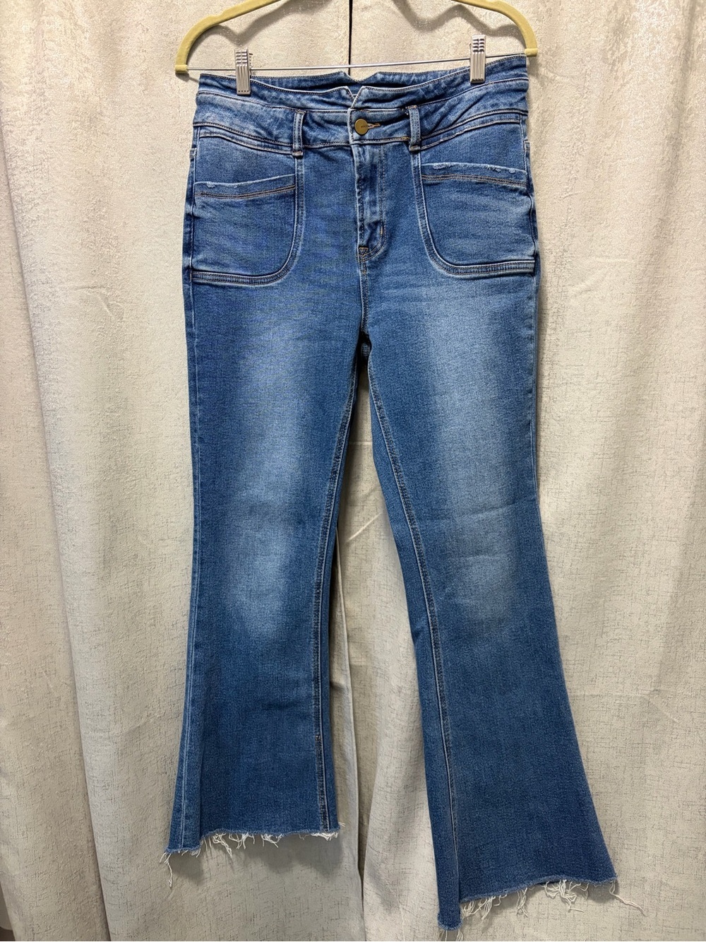 MICA DENIM High-Rise Blue Wide-Leg Women's Jeans raw hem Front Patch Pockets 29